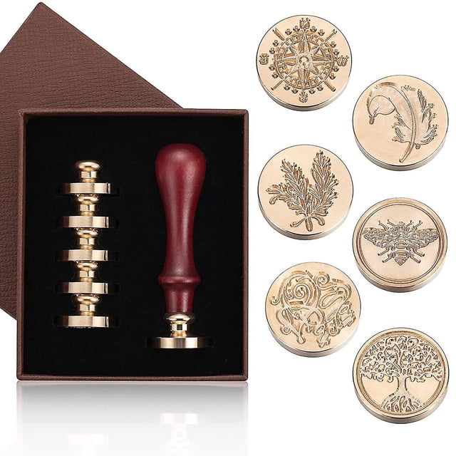 Wax Seal Stamp Set,6pc Sealing Wax Stamps Copper Seals 1 Wooden Handle