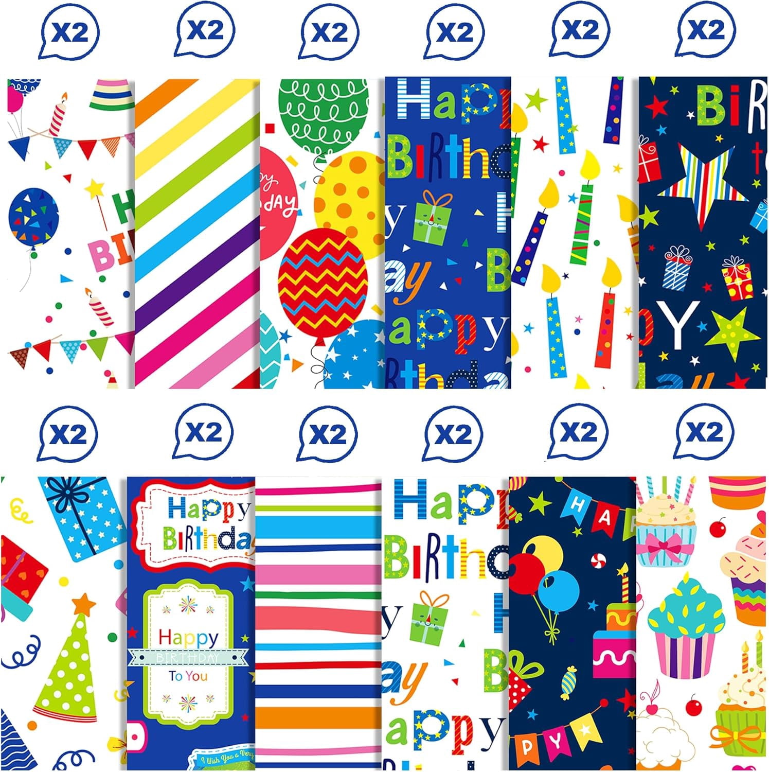 24 Sheets Happy Birthday Scrapbook Paper 11.8'' x 11.8'' Candle Balloon Topper Dessert Gift Birthday Themed Pattern Double Sided Decorative Sheets for DIY, Junk Journal,Collage,Card Making Supplies