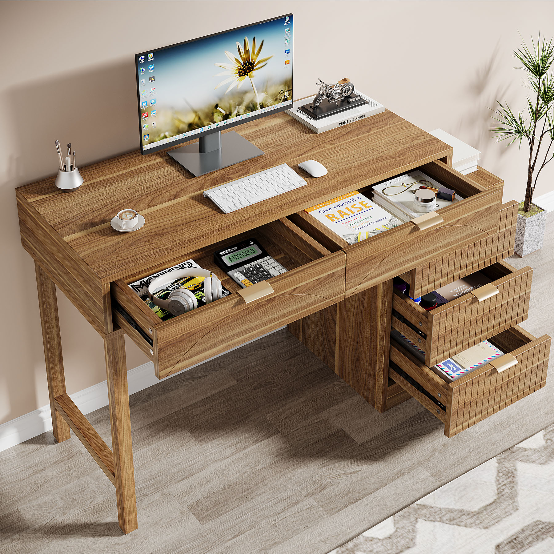Fnova Reversible Computer Desk with 5 Large Drawers, 39.37" Home Office Writing Desk, Vanity Desk, Brown