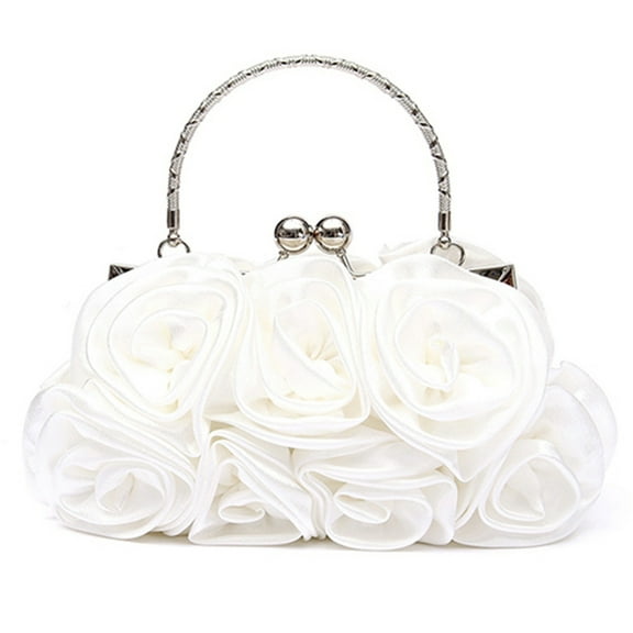 opvise Women Rose Flower Pattern Faux Silk Handbag Bridal Clutch Bag for Wedding Evening Party