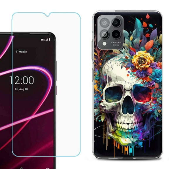 OneToughShield ® for T-Mobile Revvl 6x Pro 5G Shockproof Fashion Phone Case, with Tempered Glass Screen Protector - Skull Flower