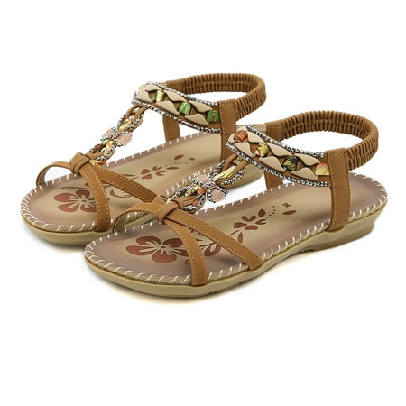 

WNG Summer Fashion Women Casual Open Toe Flat Rhinestone Comfortable Soft Bottom Breathable Elastic Band Shoes Sandals