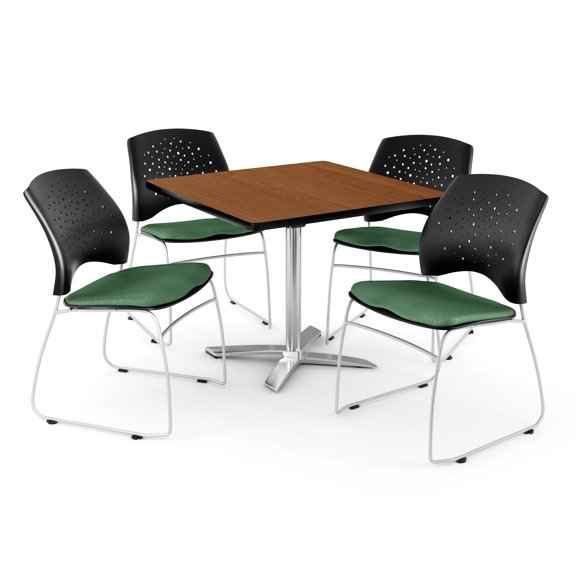 Square Folding Table in Cherry, 4 Stars Stacking Chairs in Shamrock Green
