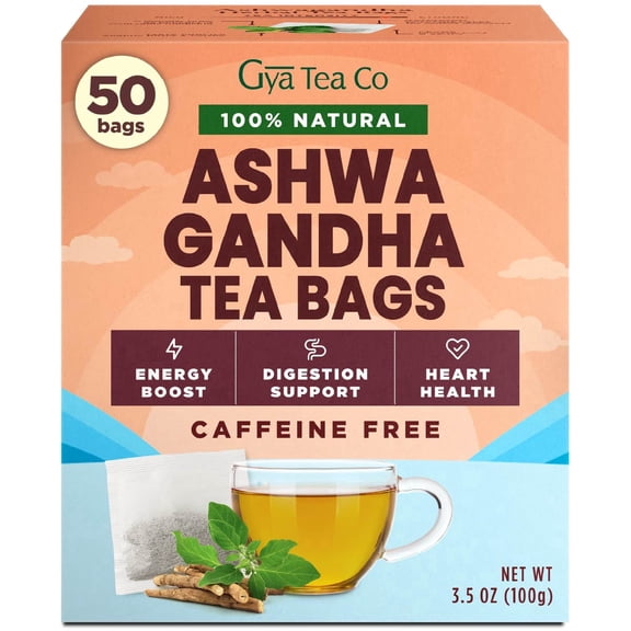 Gya Tea Co Ashwagandha Herbal Tea Bags (50 Bags) - Caffeine Free with a Tangy Flavor for All Day Comfort, Calming, Relaxing & Nourishing - Fruit & Herbal Blends