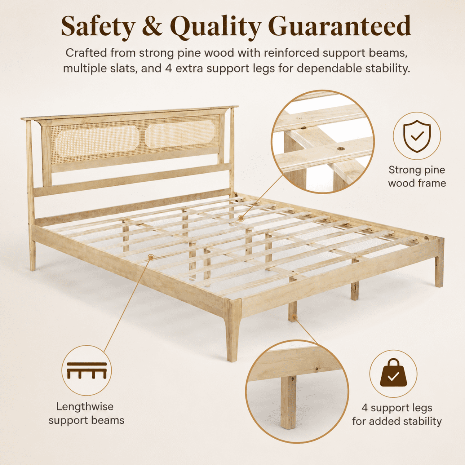 Miniyam King Bed Frame with PE Rattan Headboard, Pine Platform Bed, Natural