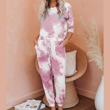 

Wome s Pajama Set Tie Dye Printed Round Collar Long Sleeved Tops & Long Pants Sleepwear Set with 2 Pockets(Pink S)