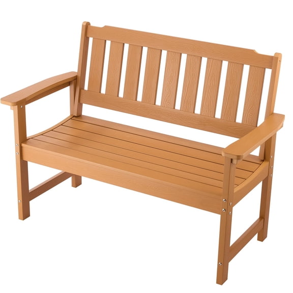 Outdoor Garden Bench, 50.5 Inch Heavy-Duty Plastic Patio Seat with Back and Arms, 800 lb Capacity for Yard, Deck, or Park, Fade-Resistant Wood Finish