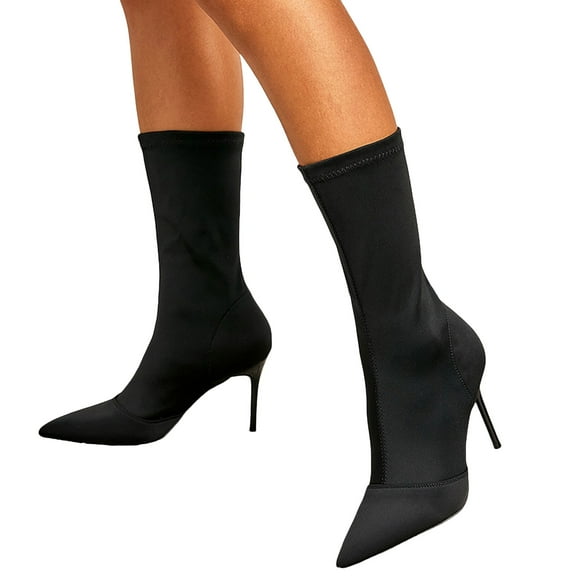 Stiletto Dress Boots for Women Ladies Winter Fall Pointed Toe Pumps Slip on Socks Mid Calf Short Booties