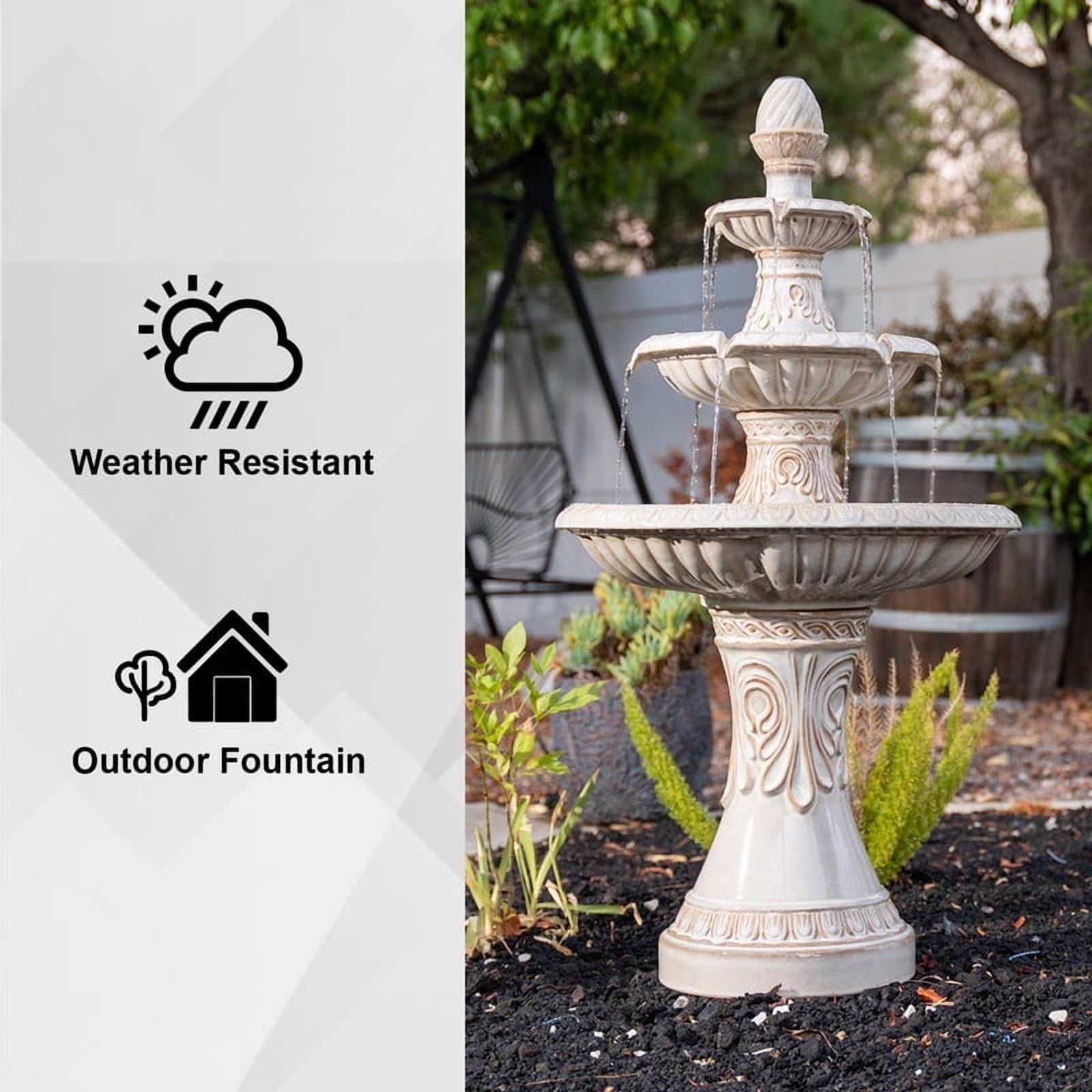 47 in H Freestanding Garden 3-Tiered Outdoor Waterfall Fountain w/Leaf Details, Ceramic, Beige