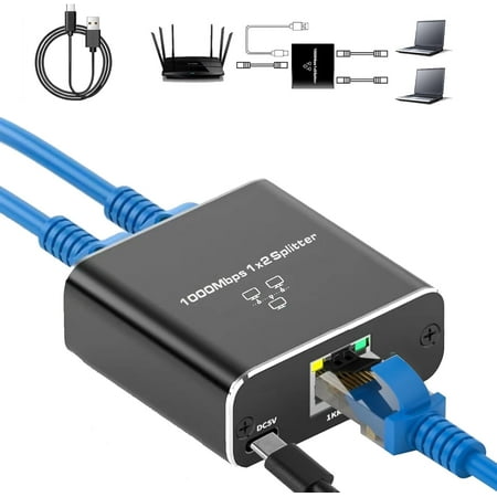 Ethernet Splitter 1 to 2 High Speed 1000Mbps Gigabit Ethernet Splitter LAN Splitter with USB Power Cable RJ45 Splitter for Cat5/5e/6/7/8 Cable[2 Devices Simultaneously Networking]