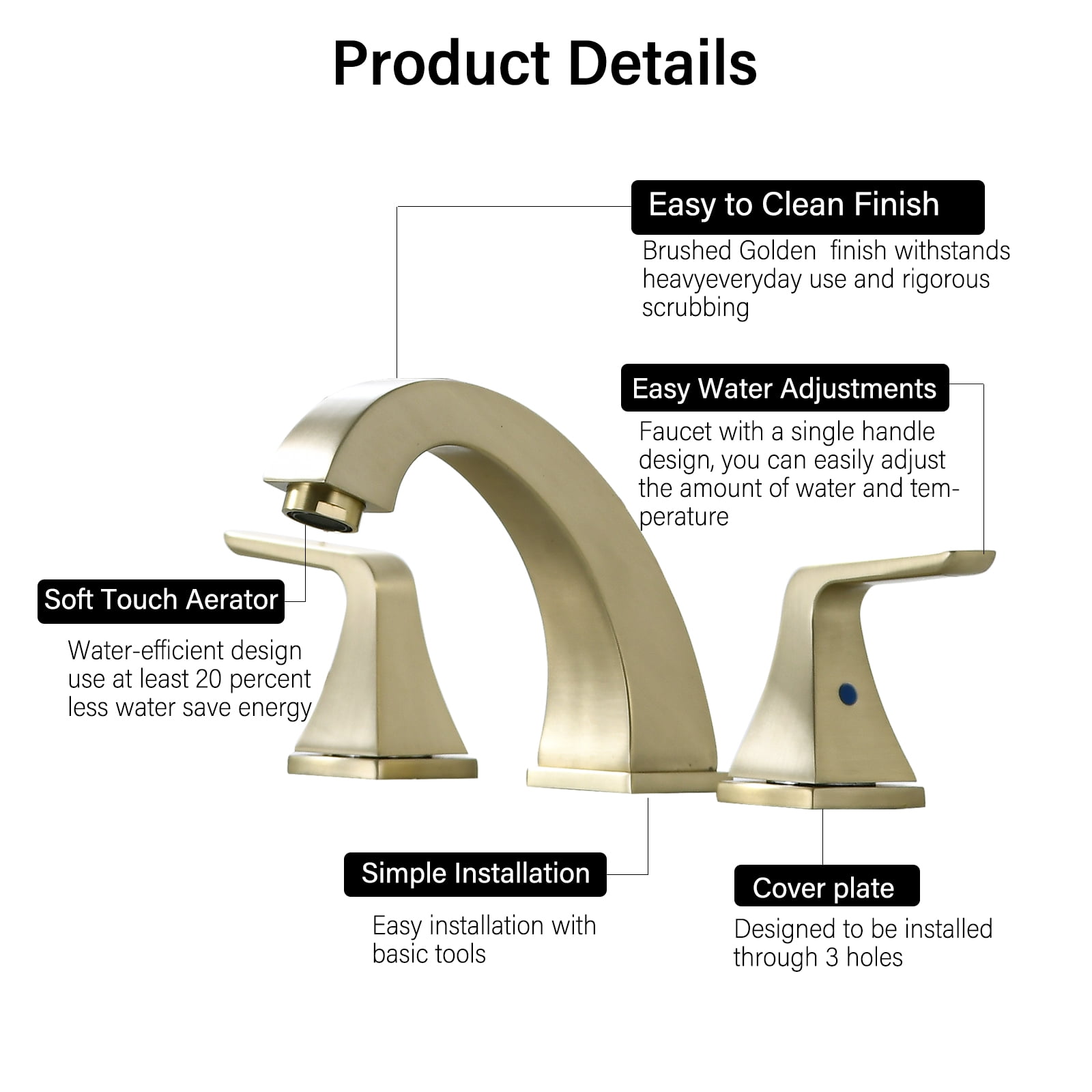 MAYEERTY 8" Widespread 2-Handle Bathroom Faucet with Pop Up Drain, Brushed Gold