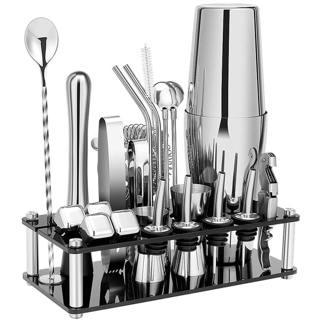 Cocktail Shaker Set, Boston Stainless Steel Bartender Kit with Acrylic Stand & Cocktail Recipes Booklet