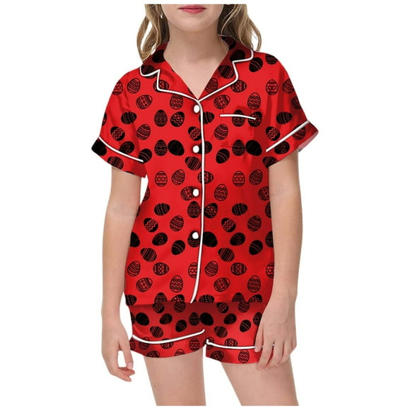 MIASHUI Easter Girls Boys Pajama Sets Short Sleeve T-Shirt and Shorts Home Outfit Set,Red,4-5 Years