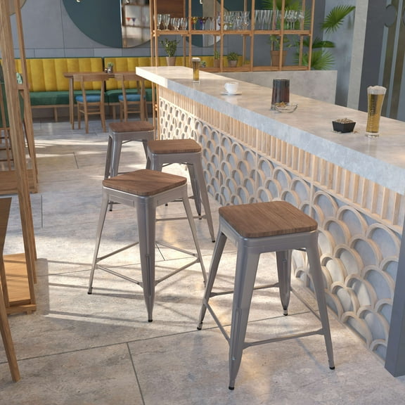 Emma   Oliver 4 Pack 24" High Backless Clear Coated Metal Counter Height Stool - Square Wood Seat