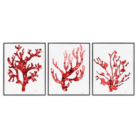 Stupell Industries Bold Red Coral Nautical & Beach Painting Black Framed Art Print Wall Art, 11 x 14, Set of 3