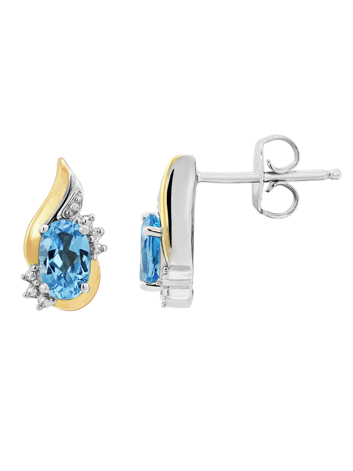 Brilliance Fine Jewelry Blue Topaz Diamond Studs in Sterling Silver and 10K Yellow Gold