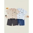 thumbnail image 3 of BemeyourBBs Toddler Baby Boy Daddy's Mini Outfit Summer Clothes Fathers Day Outfits Letter Printed Short Sleeve Button Down Shirts and Denim Shorts Set, 3 of 9