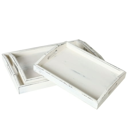 Large Oval Tray - Vintage Rustic White Wood Nesting Serving Trays with Oval Cutout Handles, Set of 3