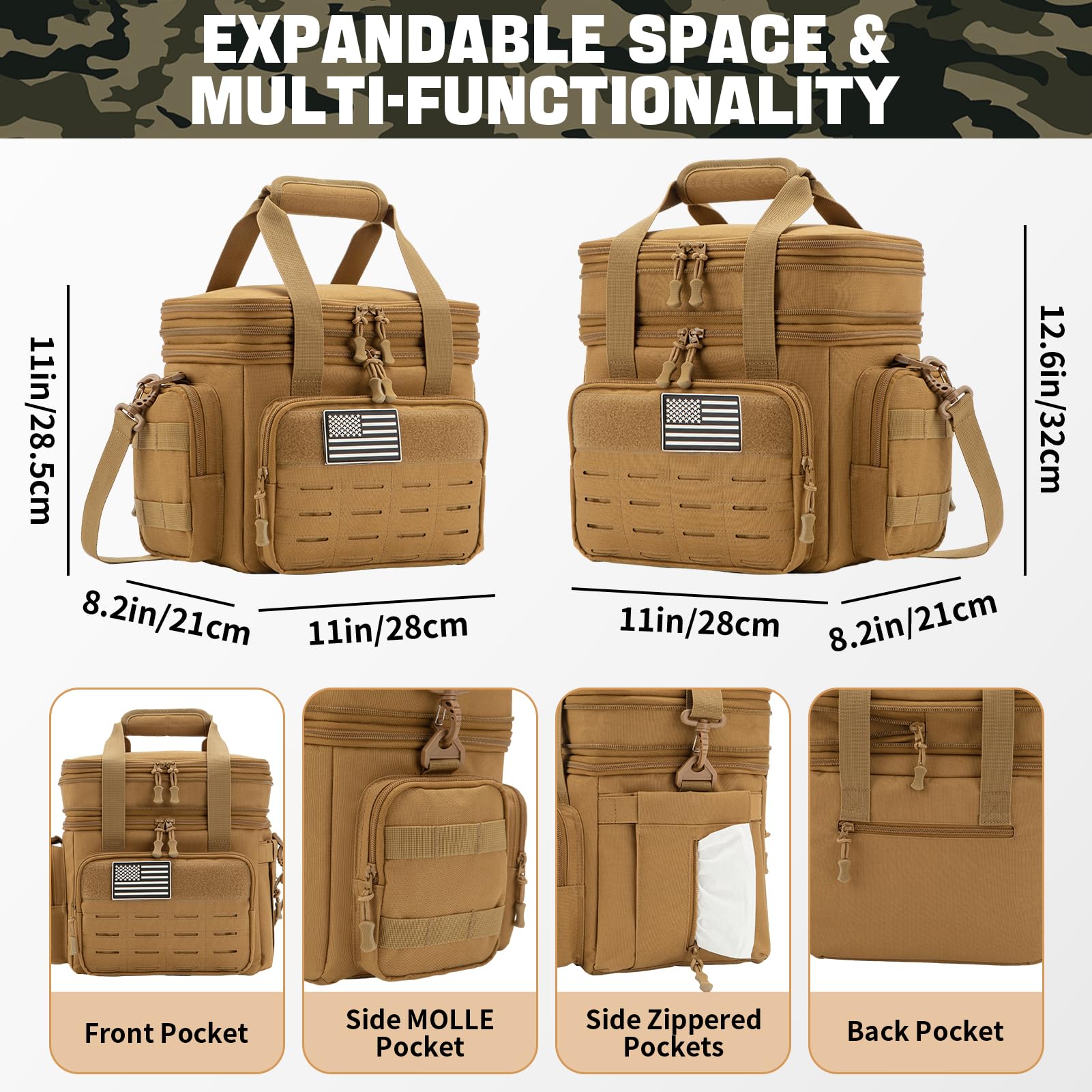 Haadid Tactical Lunch Box for Men Expandable 18L Heavy Duty Military Insulated Cooler Bag, Leakproof Thermal Lunch Bag for Work Camping Outdoor Picnic Pail Adult Meal MOLLE Webbing Khaki
