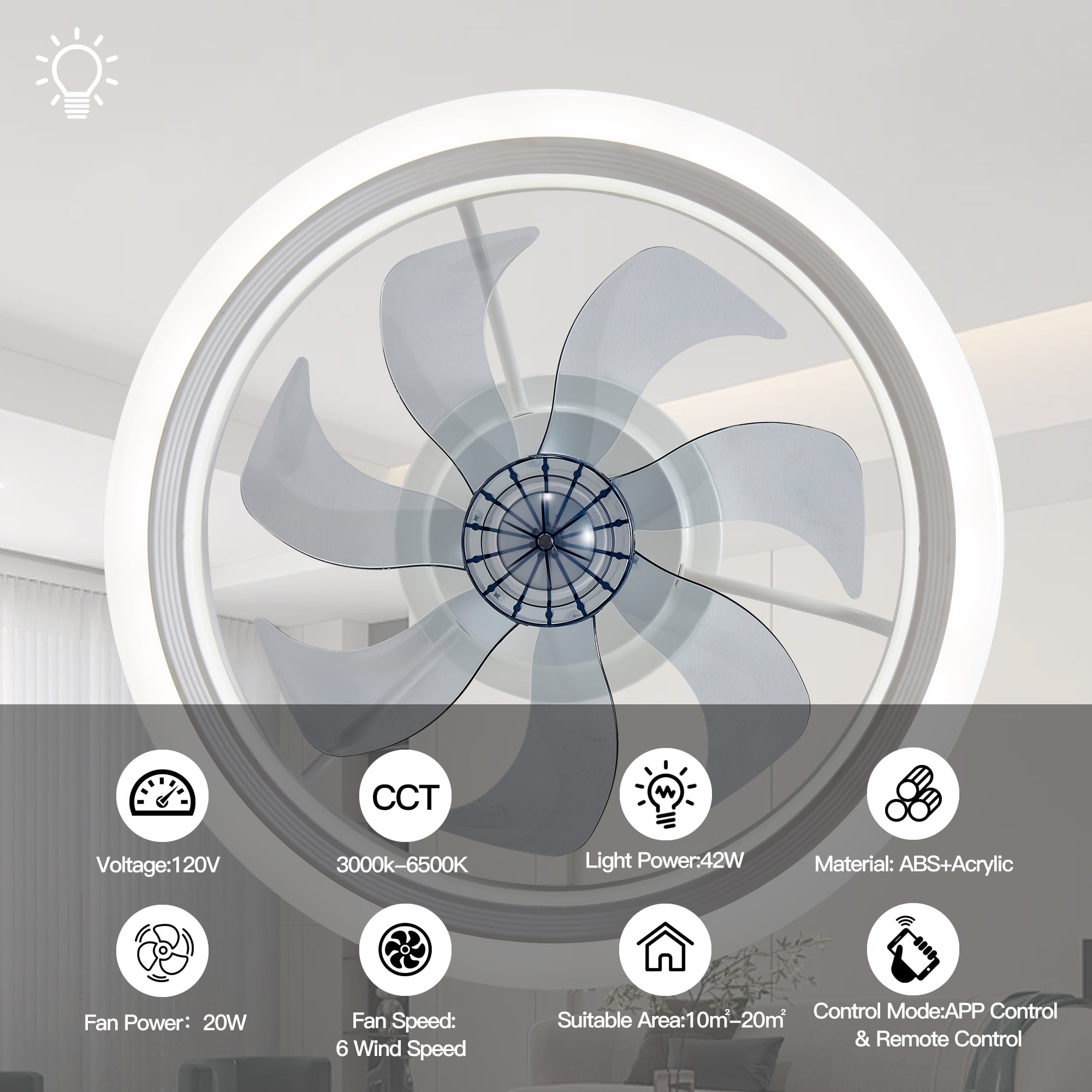 LISUNAR Ceiling Fans with Lights and Remote,20" Low Profile Ceiling Fan with Light,Dimmable LED Smart Ceiling Fan,Modern Flush Mount Fan Light,Bladeless Ceiling Fans for Bedroom,Living Room-White
