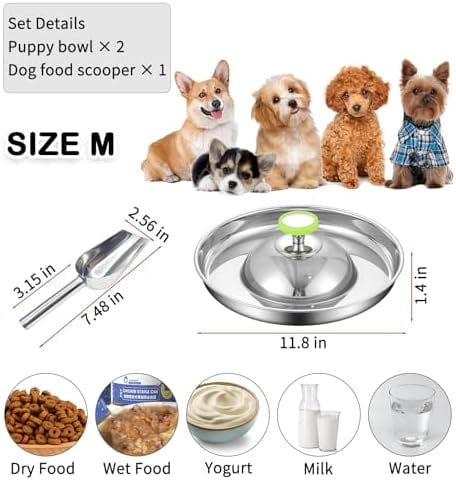 2Pack Stainless Steel Puppy Bowls, Pet Weaning Feeding Dish with Scoop for Litters Pets Silver Dog Food and Water Slow Feeder Bowl with Handle Container for Dogs Cats (M:11.8" Dia, 5¼ Cups)