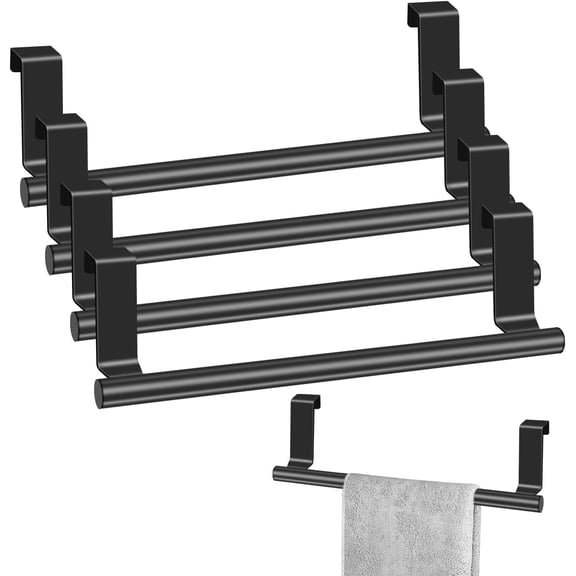 4 Pcs Cabinet Door Towel Bar, Dish Towel Rack for Cabinet, Stainless Steel Kitchen Towel Holder, Over The Door Hand Towel Hanger for Kitchen Bathroom Cupboard (Black)