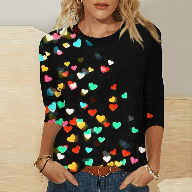 Kayannuo Hauts pour Femmes T-Shirt Décontracté Chic Manches 3/4 Blouse Imprimé Saint-Valentin Chandails en Molleton Graphiques Col Rond Vêtements Tendance Liquidation Multicolore L