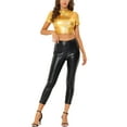 thumbnail image 2 of INSPIRE CHIC Women's Mock Neck Party Short Sleeve Metallic Crop Tops M Gold, 2 of 6