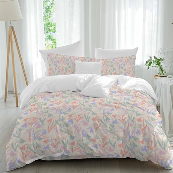 Abstractions Floral Full Size Comforter Set, Spring Tulips Green Beige Red Flowers Farm Bedding for All Seasons, 4 Pcs Bed Set, 1Quiltcover (86"x86") ,1Sheet(80"x116"), 2Pillowcases (30"x20")