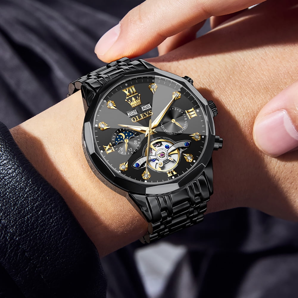 OLEVS Automatic Watches for Men Luxury Dress Waterproof Self Winding Mechanical Moon Phase Chronograph Stainless Steel Luminous Diamond Date Skeleton Tourbillon Wristwatch for Men Reloj Para Hombre