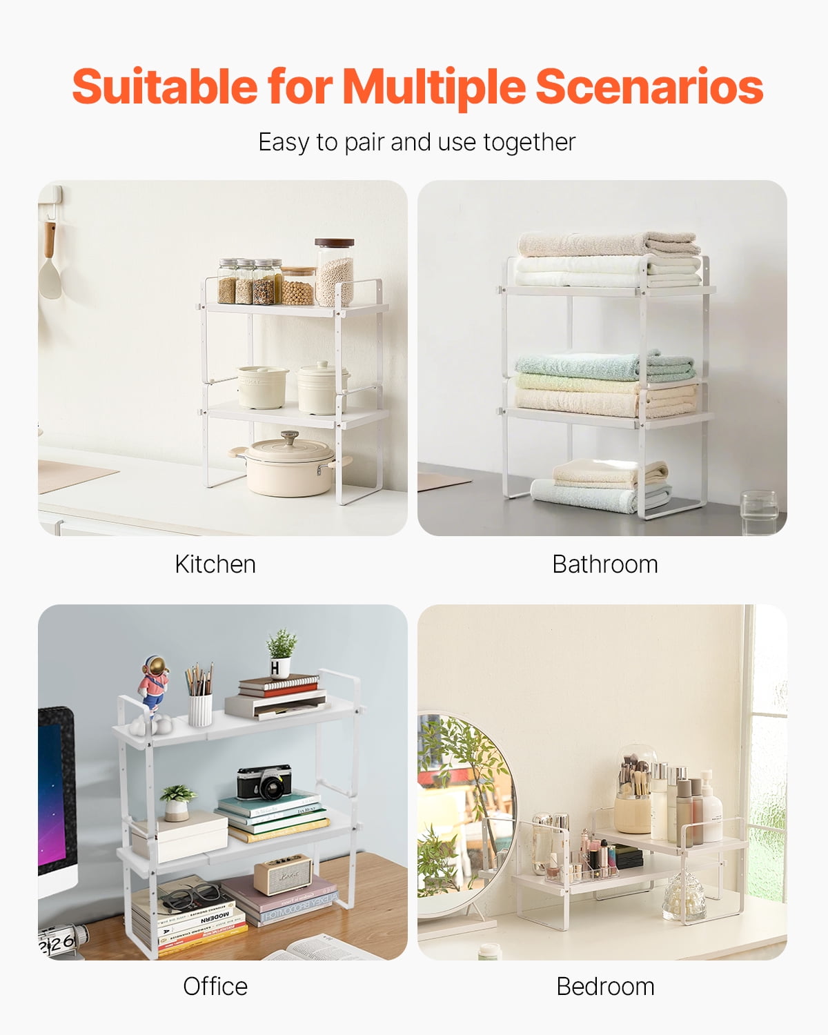 VEVOR Adjustable Kitchen Cabinet Shelf Organizer, Expandable 2 Tier Cabinet Shelf, Stackable Countertop Organizers and Storage Shelf Risers, Pantry Organizers for Kitchen Bathroom Office, White