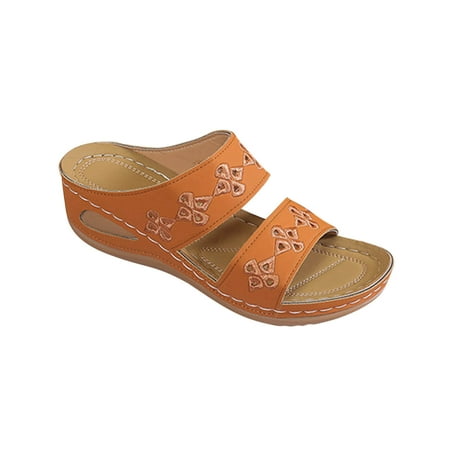 

KIJBLAE Women Summer Sandals Slip-On Hollow out Wedges Platform Shoes Ladies Beach Sandals Plus Size Brown 35