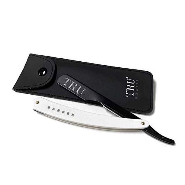 TRU BARBER Cuchilla de barbero profesional, maquinilla de afeitar recta con exposición de hoja de 1,5 mm, maquinilla de afeitar duradera de borde recto de un solo filo (negro/blanco)