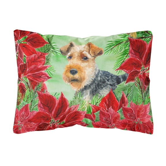 Carolines Treasures CK1348PW1216 Welsh Terrier Poinsettas Canvas Fabric Decorative Pillow  12H x16W multicolor