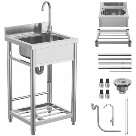 Free Standing Stainless Utility Sink, Single Bowl Outdoor Sinks with Faucet, Basin, Strainer Portable Laundry Sink for Garage, Garden, Kitchen, Farmhouse$$Tools & Hardware Other