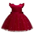 thumbnail image 3 of Girls' Dresses Toddler Fly Sleeve Dresses Pearl Decoration Solid Color Bowknot Birthday Wedding Party Princess Dress Size 5 Y-6 Y, 3 of 7