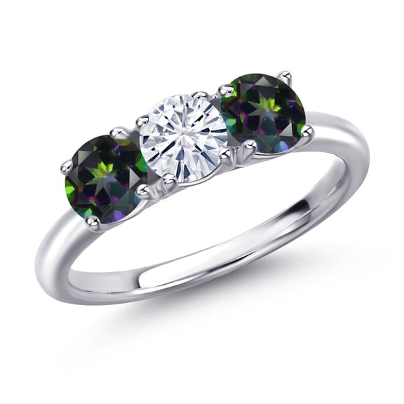 Gem Stone King 925 Sterling Silver White Moissanite and Green Mystic Topaz Engagement Ring for Women | 1.60 Cttw | Round 5MM | Gemstone Birthstone | Size 5