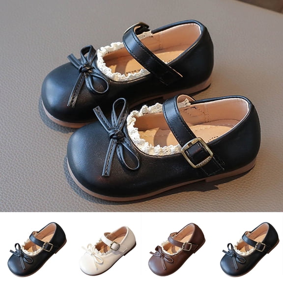 Mgmyaa Girls Dressy Mary Janes Shoes with Bow and Lace Buckle Round Toe Adjustable Straps Flat Heel for Little Kids Ages 1.5-6.5