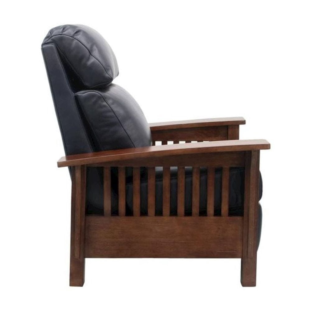 Starlight Canyon Home Dark Blue Leather Reclining Chair with Wood Arms and Manual Recliner