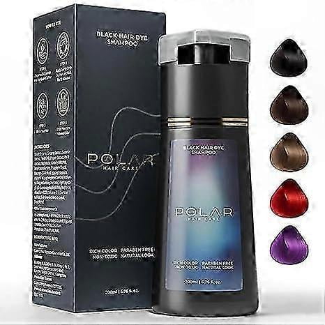 natural gray hair coverage shampoo for women & men, instant dye formula with gentle care, suitable for all hair types — centered front-facing matte-black bottle and matching black box on white background; bottle has metallic-tone cap and reflective label, box shows printed icons and small text; five teardrop shade swatches (negro, café oscuro, café claro, rojo, morado); also suitable for darkening beards per product specs.