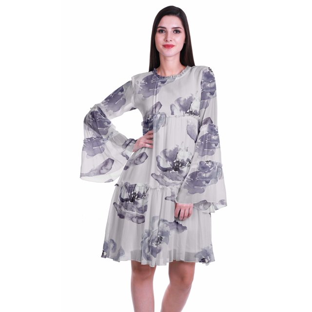 Moomaya Womens Long Sleeve Printed Knee Length Dress Flared Flowy Summer Dress