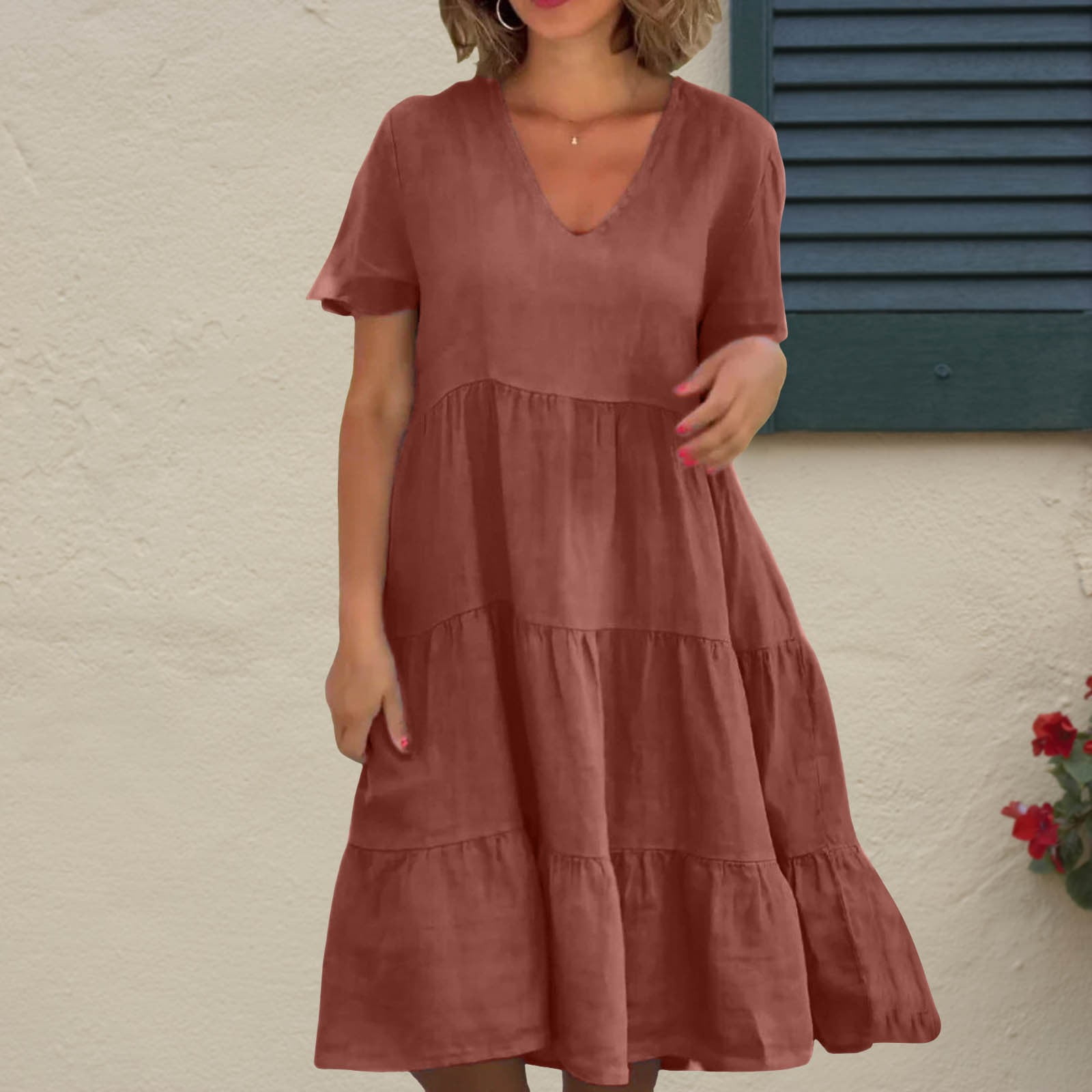 Casual Dresses For Womens Summer V Neck Solid Color Short Woman Dress Women Clothing