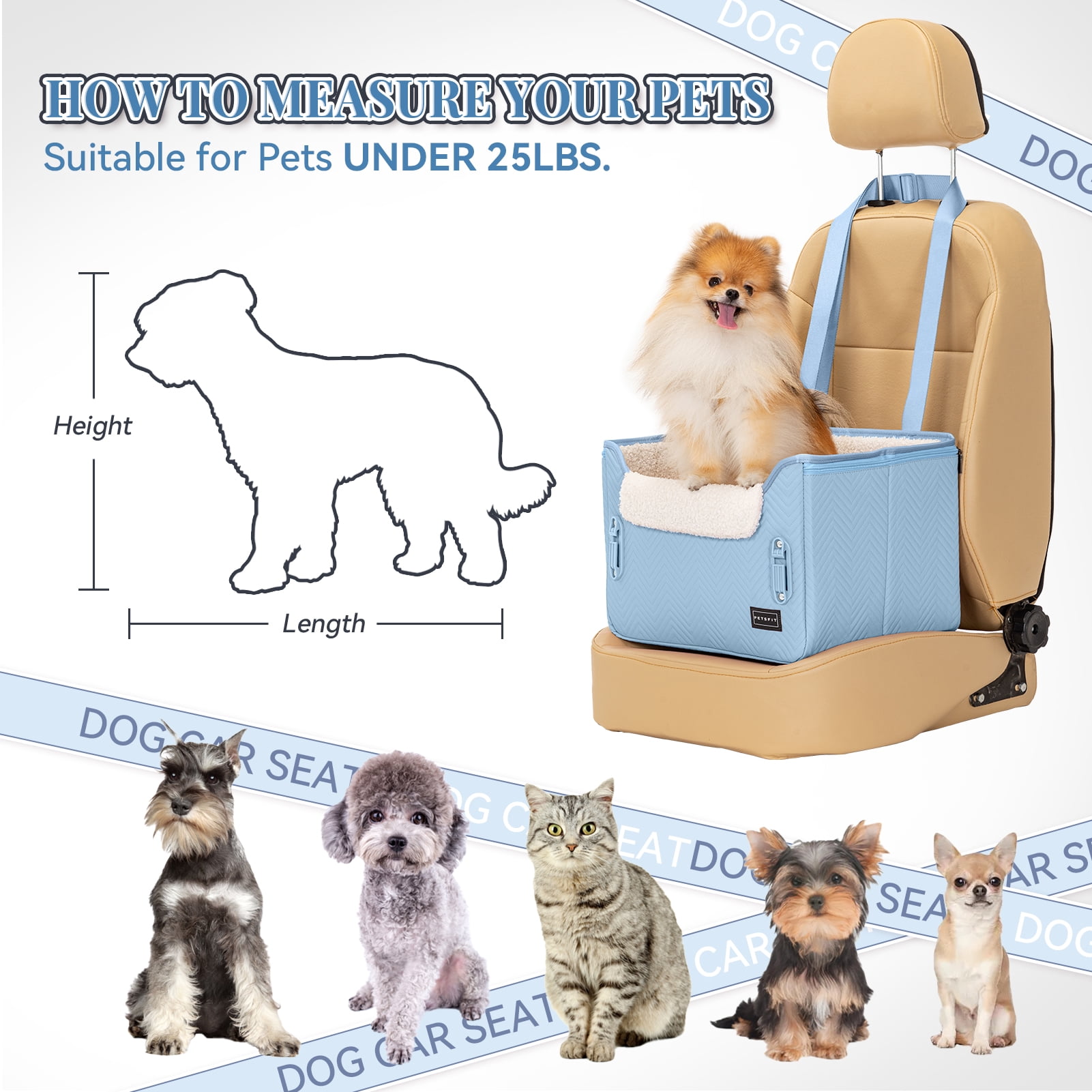 PETSFIT Dog Car Seat Medium Sized Dog, Stable Small Dog Car Seat for Car with Clip-On Leash, Fleece Liner Perfect for Small Pets Up to 25lbs (Blue)