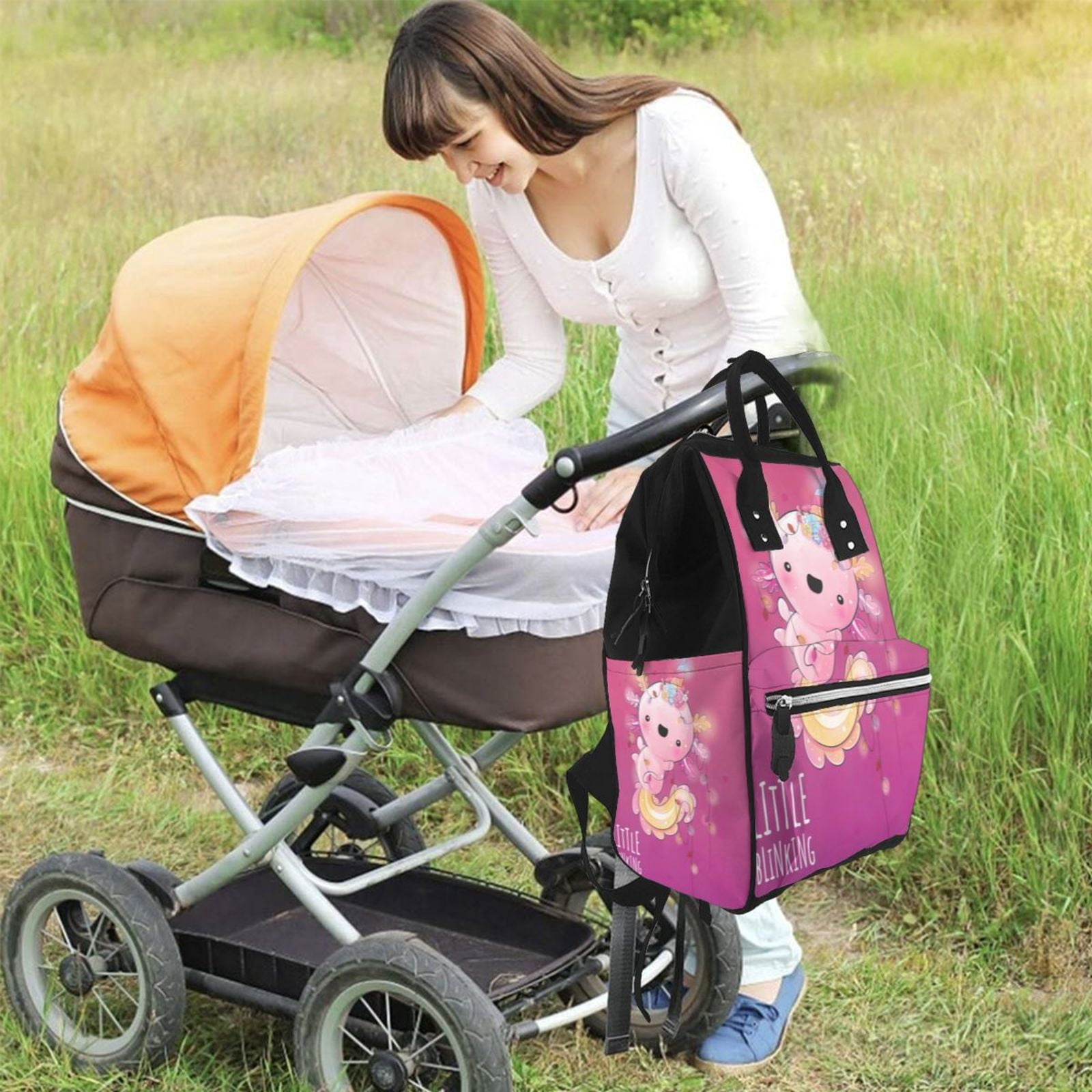 Ratiio Cute Pink Axolotl A Mummy Backpack - Waterproof Twill Canvas, Large Capacity Diaper Bag with Multiple Pockets and Adjustable Straps