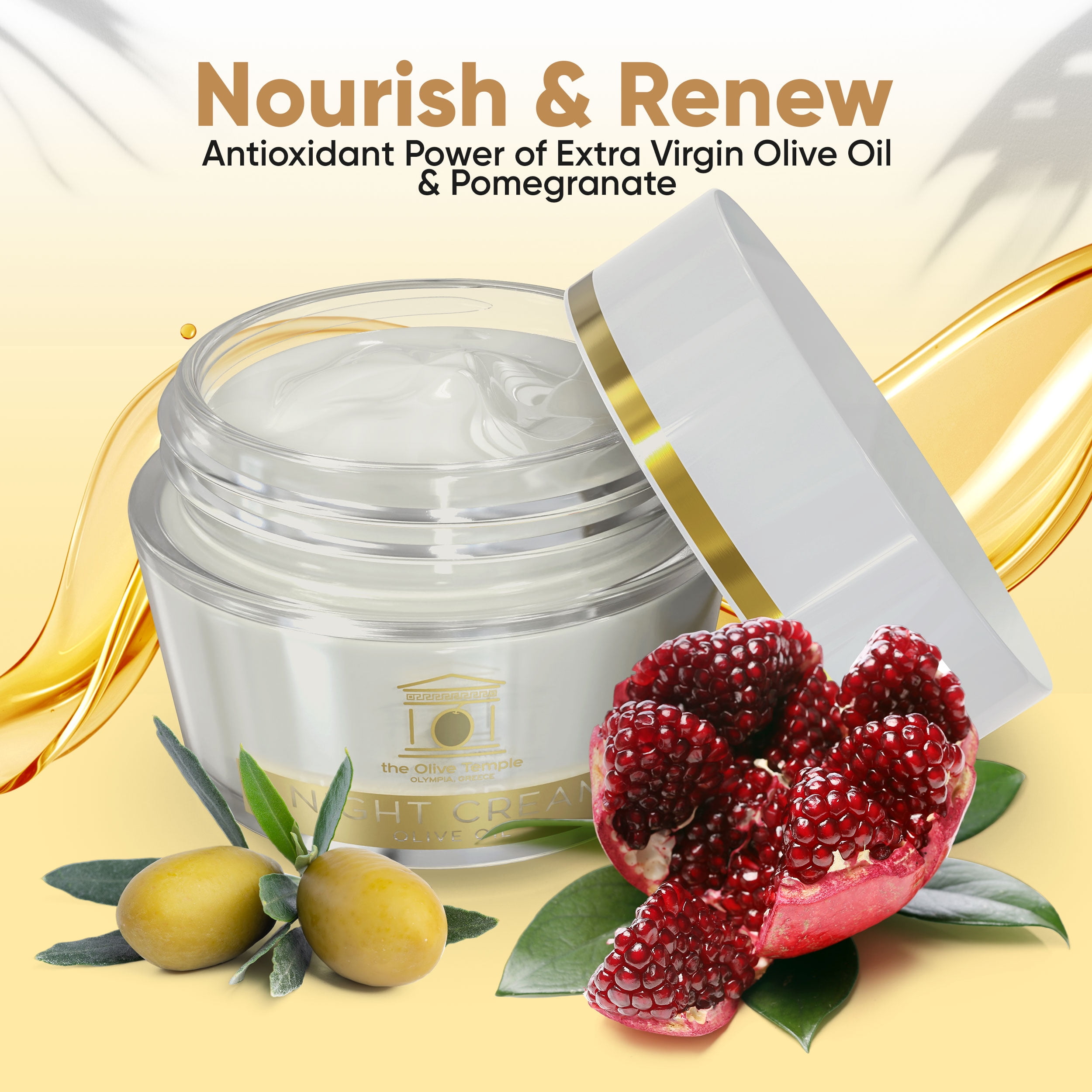 The Olive Temple Anti-Aging Night Facial Moisturizer Cream with Olive Oil, Pomegranate & Hyaluronic Acid, 1.7 fl oz