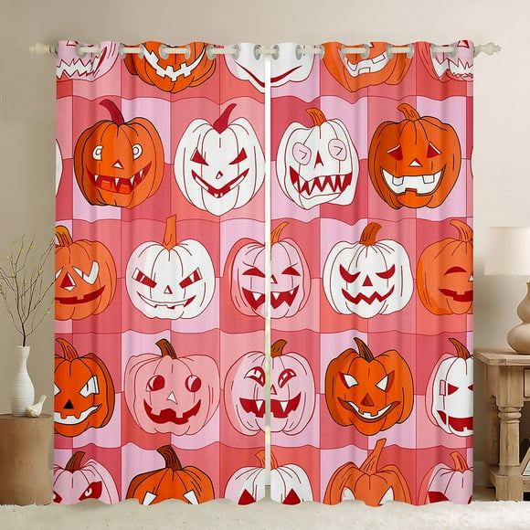 Feelyou Kawaii Pumpkin Curtains Pack of 2 (42x84 Each), Cartoon Halloween Curtains Blackout, Pink Plaid Patchwork Bedroom Curtains, Curtains and Drapes Home Decor