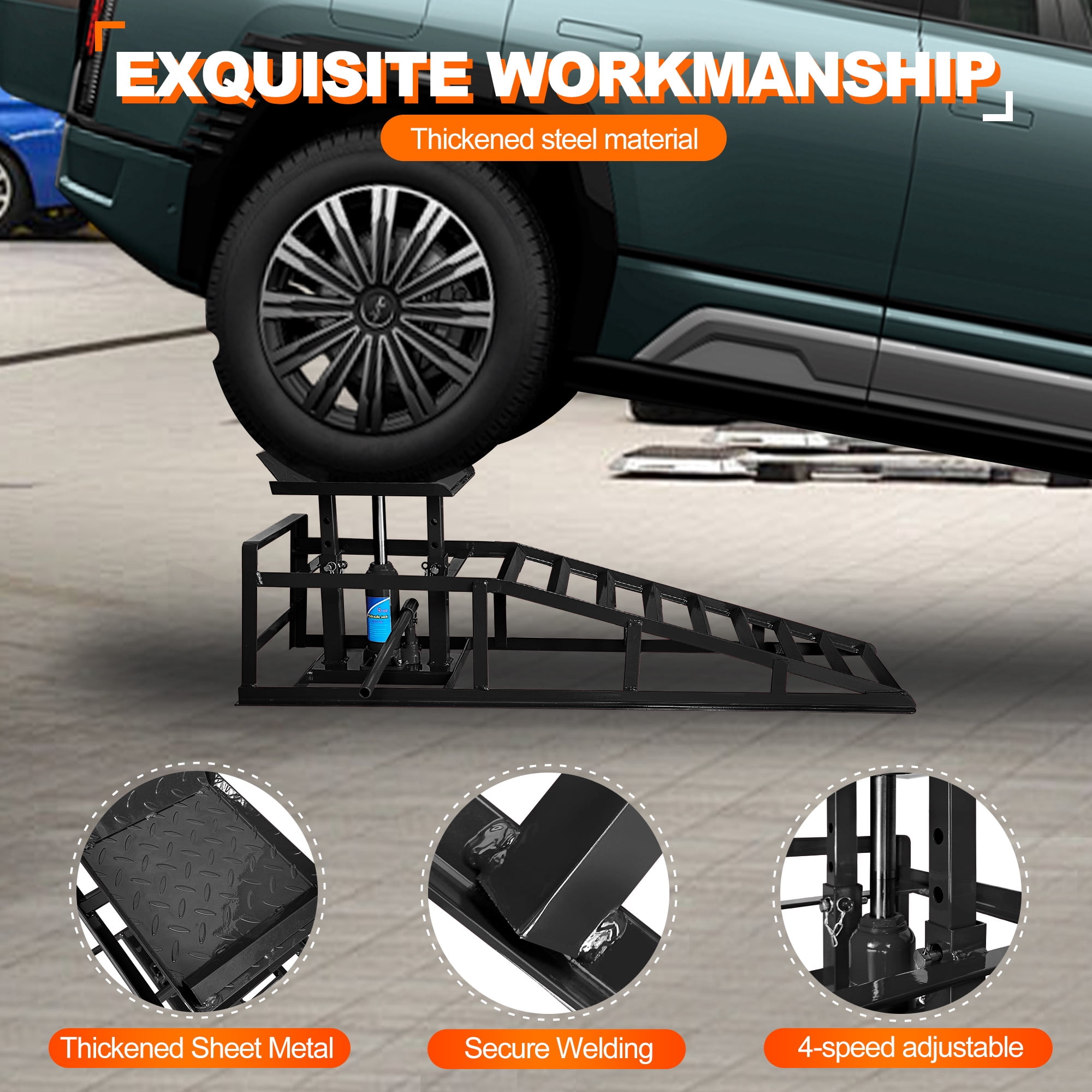 Vertlley 2Pcs Car Ramps with 5t/11050 lb, Heavy-Duty Steel Vehicle Ramps, Portable Car Lift , Built-in Hydraulic Jack, Black