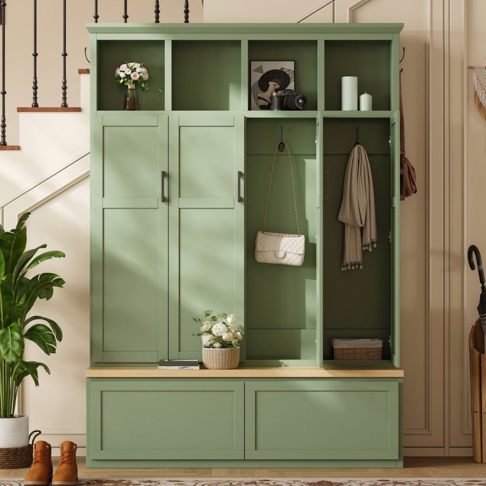 Farmhouse Hall Tree w/ 4 Cabinets w/ Door, Mudroom Coat Rack w/ Open Shelves, Entryway Storage Shoe Bench w/ 2 Drawers & 6 Hooks