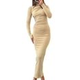 thumbnail image 3 of Vestido Ajustado de Otoño para Mujer, de Larga, con Cuello Redondo Fruncido y Corte Entallado, Vestido de Cóctel para Fiesta Caqui L, 3 of 7