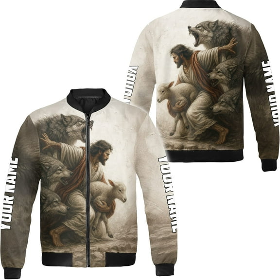 Lotusprinthandmade Personalized Jesus and Lamb Wolf Christian Bomber Jacket S-5XL Multicolor (S), custom jesus lamb wolf bomber jacket, christian faith based bomber jacket